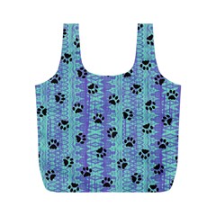 Footprints Cat Black On Batik Pattern Teal Violet Full Print Recycle Bags (m)  by EDDArt