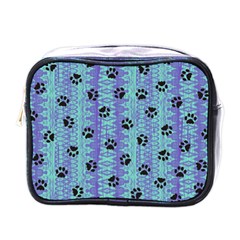 Footprints Cat Black On Batik Pattern Teal Violet Mini Toiletries Bags by EDDArt