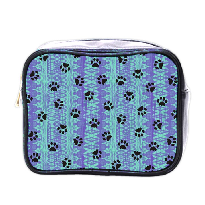 Footprints Cat Black On Batik Pattern Teal Violet Mini Toiletries Bags