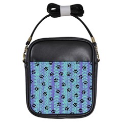 Footprints Cat Black On Batik Pattern Teal Violet Girls Sling Bags by EDDArt