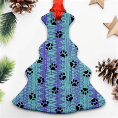 Footprints Cat Black On Batik Pattern Teal Violet Christmas Tree Ornament (two Sides) by EDDArt