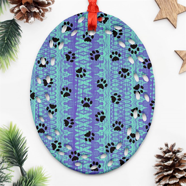 Footprints Cat Black On Batik Pattern Teal Violet Ornament (Oval Filigree)