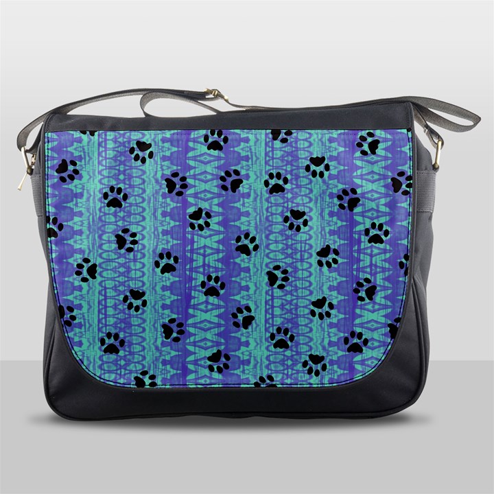 Footprints Cat Black On Batik Pattern Teal Violet Messenger Bags