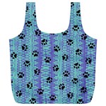 Footprints Cat Black On Batik Pattern Teal Violet Full Print Recycle Bags (L)  Front