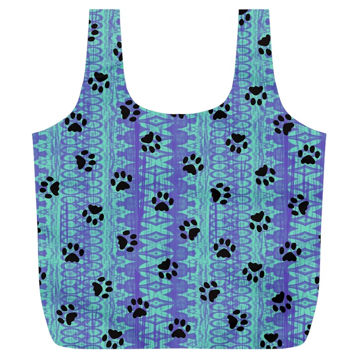 Footprints Cat Black On Batik Pattern Teal Violet Full Print Recycle Bags (L) 