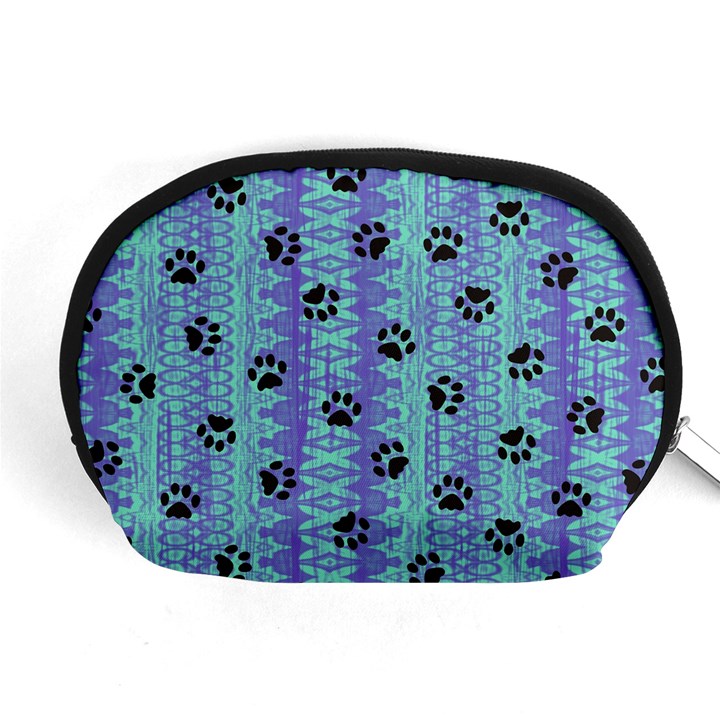 Footprints Cat Black On Batik Pattern Teal Violet Accessory Pouches (Medium) 