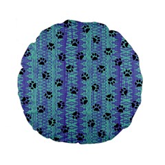 Footprints Cat Black On Batik Pattern Teal Violet Standard 15  Premium Flano Round Cushions by EDDArt