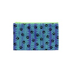 Footprints Cat Black On Batik Pattern Teal Violet Cosmetic Bag (xs) by EDDArt