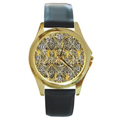 Gold And Black Geometric Designs Created By Flipstylez Designs Round Gold Metal Watch by flipstylezfashionsLLC