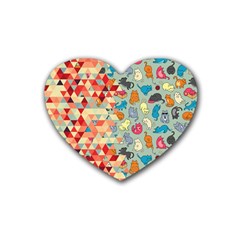 Hipster Triangles And Funny Cats Cut Pattern Rubber Coaster (heart)  by EDDArt