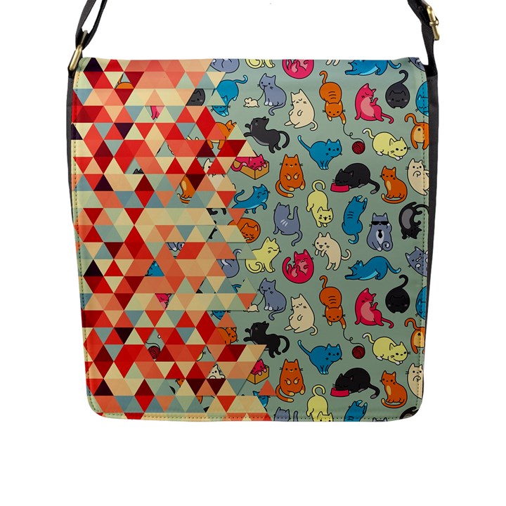 Hipster Triangles And Funny Cats Cut Pattern Flap Messenger Bag (L) 