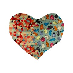 Hipster Triangles And Funny Cats Cut Pattern Standard 16  Premium Flano Heart Shape Cushions by EDDArt