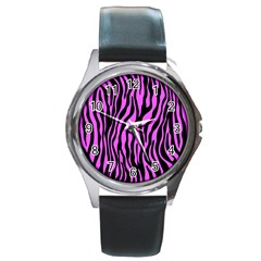 Zebra Stripes Pattern Trend Colors Black Pink Round Metal Watch by EDDArt