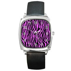 Zebra Stripes Pattern Trend Colors Black Pink Square Metal Watch by EDDArt