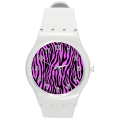 Zebra Stripes Pattern Trend Colors Black Pink Round Plastic Sport Watch (m) by EDDArt