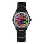 Multicolored Wave Distortion Zigzag Chevrons Stainless Steel Round Watch Front