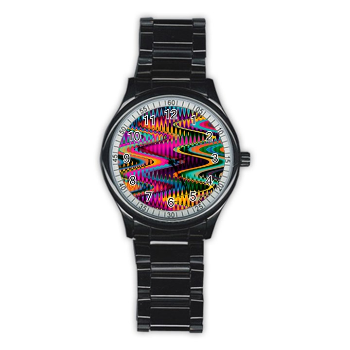 Multicolored Wave Distortion Zigzag Chevrons Stainless Steel Round Watch