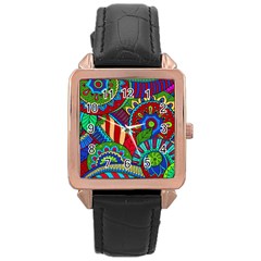 Pop Art Paisley Flowers Ornaments Multicolored 2 Rose Gold Leather Watch  by EDDArt