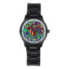 Pop Art Paisley Flowers Ornaments Multicolored 2 Stainless Steel Round Watch by EDDArt