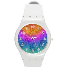 Fractal Batik Art Hippie Rainboe Colors 1 Round Plastic Sport Watch (m) by EDDArt