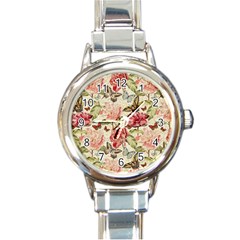 Watercolor Vintage Flowers Butterflies Lace 1 Round Italian Charm Watch by EDDArt