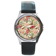 Watercolor Vintage Flowers Butterflies Lace 1 Round Metal Watch by EDDArt