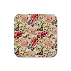 Watercolor Vintage Flowers Butterflies Lace 1 Rubber Coaster (square)  by EDDArt