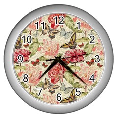 Watercolor Vintage Flowers Butterflies Lace 1 Wall Clock (silver) by EDDArt