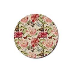 Watercolor Vintage Flowers Butterflies Lace 1 Rubber Round Coaster (4 pack) 