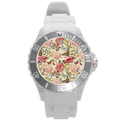 Watercolor Vintage Flowers Butterflies Lace 1 Round Plastic Sport Watch (L)