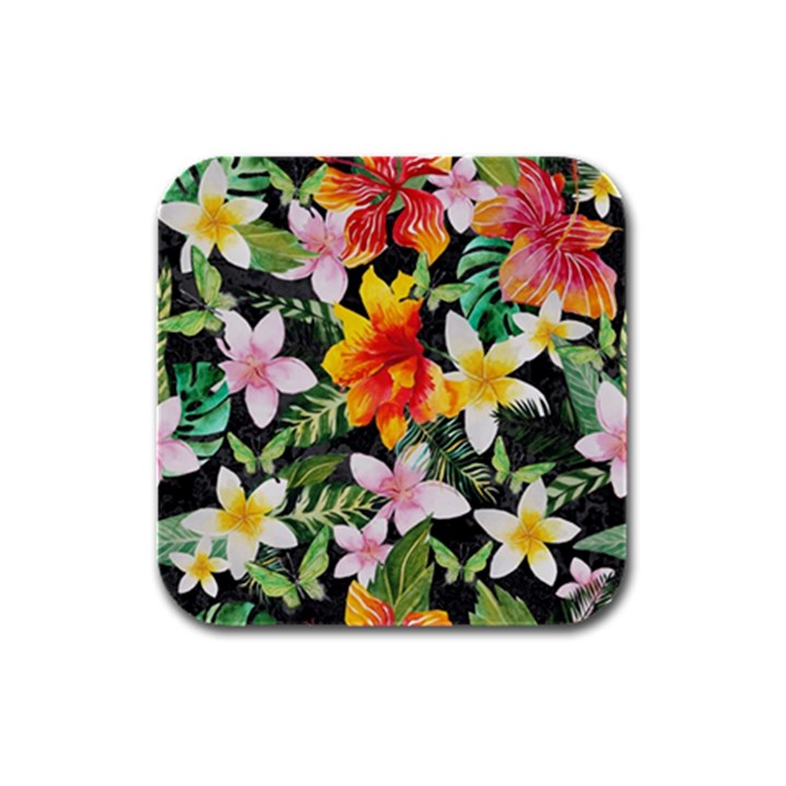 Tropical Flowers Butterflies 1 Rubber Square Coaster (4 pack) 