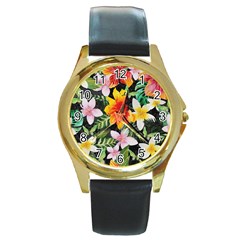 Tropical Flowers Butterflies 1 Round Gold Metal Watch by EDDArt