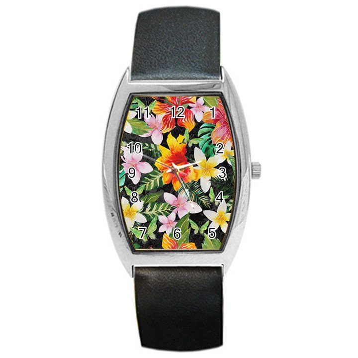 Tropical Flowers Butterflies 1 Barrel Style Metal Watch