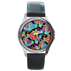 Colorful Retro Flowers Fractalius Pattern 1 Round Metal Watch by EDDArt