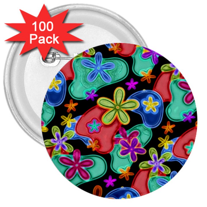 Colorful Retro Flowers Fractalius Pattern 1 3  Buttons (100 pack) 