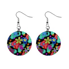 Colorful Retro Flowers Fractalius Pattern 1 Mini Button Earrings by EDDArt