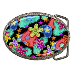 Colorful Retro Flowers Fractalius Pattern 1 Belt Buckles by EDDArt