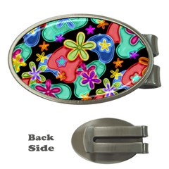 Colorful Retro Flowers Fractalius Pattern 1 Money Clips (oval)  by EDDArt