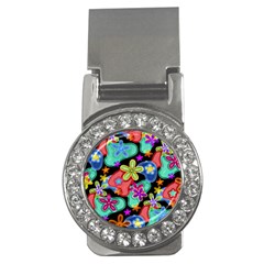 Colorful Retro Flowers Fractalius Pattern 1 Money Clips (cz)  by EDDArt