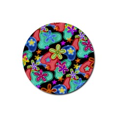 Colorful Retro Flowers Fractalius Pattern 1 Rubber Coaster (round)  by EDDArt