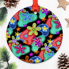 Colorful Retro Flowers Fractalius Pattern 1 Round Ornament (two Sides) by EDDArt