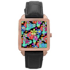 Colorful Retro Flowers Fractalius Pattern 1 Rose Gold Leather Watch  by EDDArt