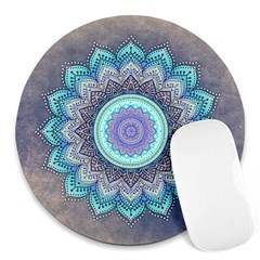 Folk Art Lotus Mandala Blue Turquoise Round Mousepads by EDDArt