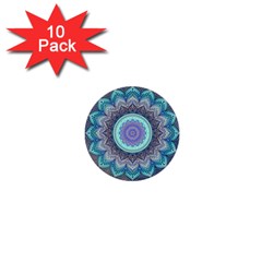 Folk Art Lotus Mandala Blue Turquoise 1  Mini Buttons (10 Pack)  by EDDArt