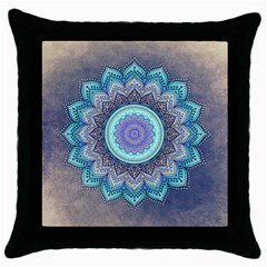 Folk Art Lotus Mandala Blue Turquoise Throw Pillow Case (black) by EDDArt