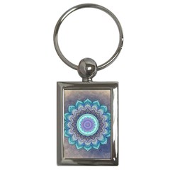 Folk Art Lotus Mandala Blue Turquoise Key Chains (rectangle)  by EDDArt