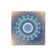 Folk Art Lotus Mandala Blue Turquoise Square Magnet by EDDArt