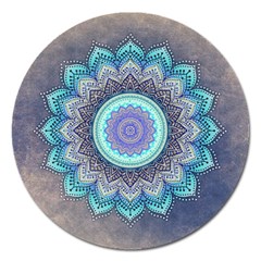 Folk Art Lotus Mandala Blue Turquoise Magnet 5  (round) by EDDArt