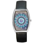 Folk Art Lotus Mandala Blue Turquoise Barrel Style Metal Watch Front