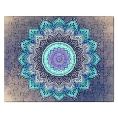 Folk Art Lotus Mandala Blue Turquoise Rectangular Jigsaw Puzzl by EDDArt